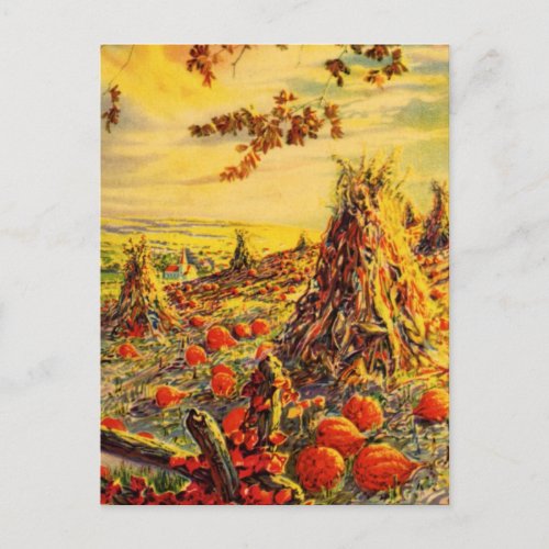 Vintage Halloween Pumpkin Patch with Haystacks Postcard