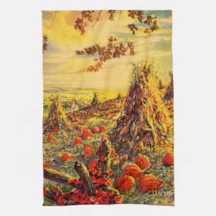 Vintage Halloween Pumpkin Patch with Haystacks Towel