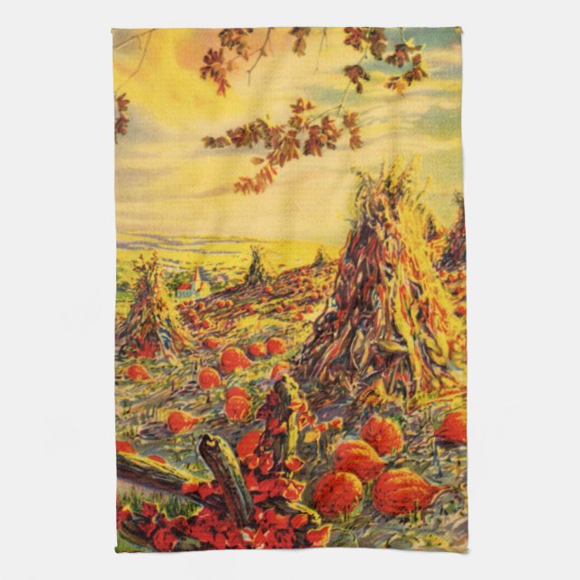 Vintage Halloween Pumpkin Patch with Haystacks Towel (Vertical)