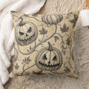 Vintage Halloween Pumpkin Vine Pattern Throw Pillow