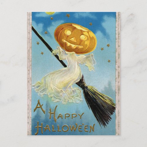 Vintage Halloween pumpkin witch broom postcard