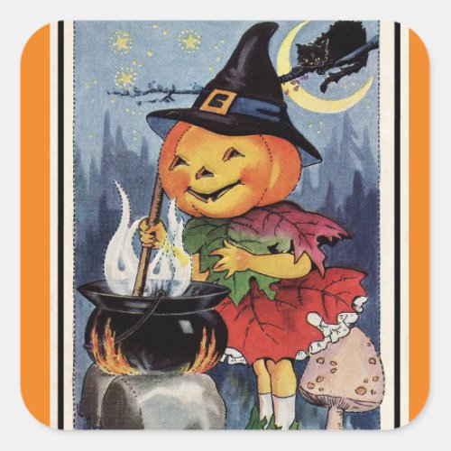 Vintage Halloween Pumpkin Witch Girl Square Sticker