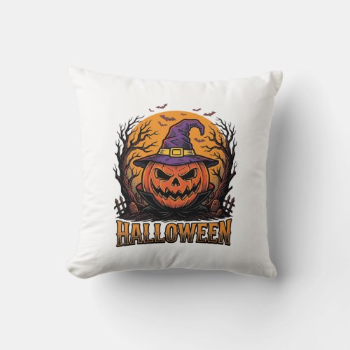 Vintage Halloween Pumpkin Witch Hat Graphic_1 Throw Pillow