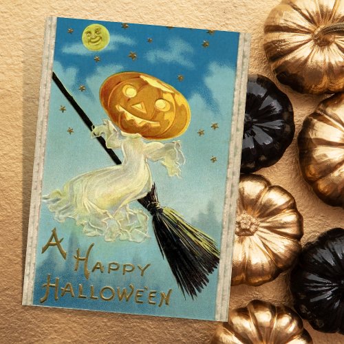 Vintage Halloween Pumpkin Witch On a Broom