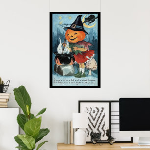 Vintage Halloween Pumpkin Witch Poster