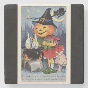 Vintage Halloween Pumpkin Witch Stone Coaster