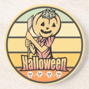 VINTAGE HALLOWEEN PUMPKIN WITH AXE AND SKULL COASTER