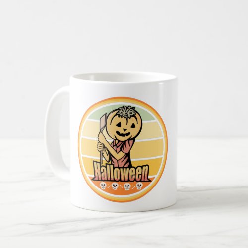 VINTAGE HALLOWEEN PUMPKIN WITH AXE AND SKULL COFFEE MUG