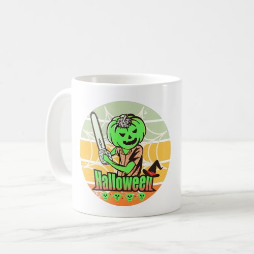 VINTAGE HALLOWEEN PUMPKIN WITH CHAINSAW AND SKULL COFFEE MUG