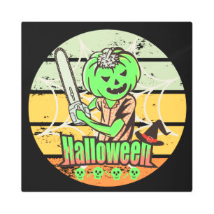 VINTAGE HALLOWEEN PUMPKIN WITH CHAINSAW AND SKULL METAL PRINT