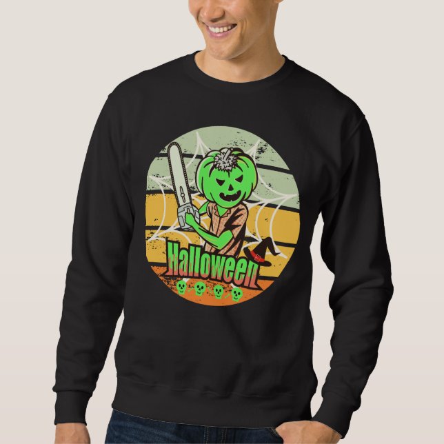 VINTAGE HALLOWEEN PUMPKIN WITH CHAINSAW AND SKULL SWEATSHIRT (Front)