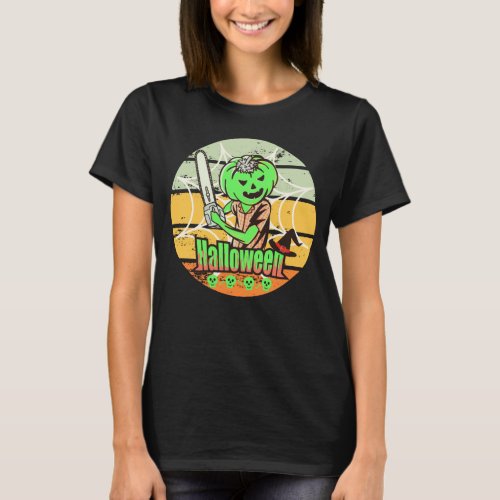 VINTAGE HALLOWEEN PUMPKIN WITH CHAINSAW AND SKULL  T_Shirt