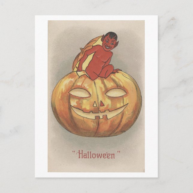 Vintage Halloween Pumpkin With Devil Postcard (Front)
