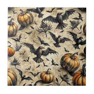Vintage Halloween Pumpkins Bats Crows Autumn Ceramic Tile
