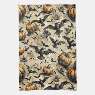 Vintage Halloween Pumpkins Bats Crows Autumn Kitchen Towel