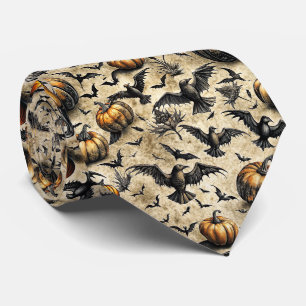 Vintage Halloween Pumpkins Bats Crows Autumn Neck Tie