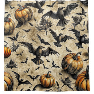 Vintage Halloween Pumpkins Bats Crows Autumn Shower Curtain