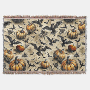 Vintage Halloween Pumpkins Bats Crows Autumn Throw Blanket