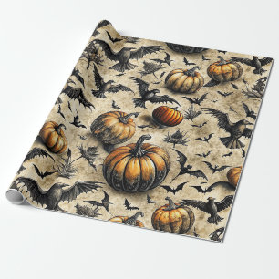 Vintage Halloween Pumpkins Bats Crows Autumn Wrapping Paper