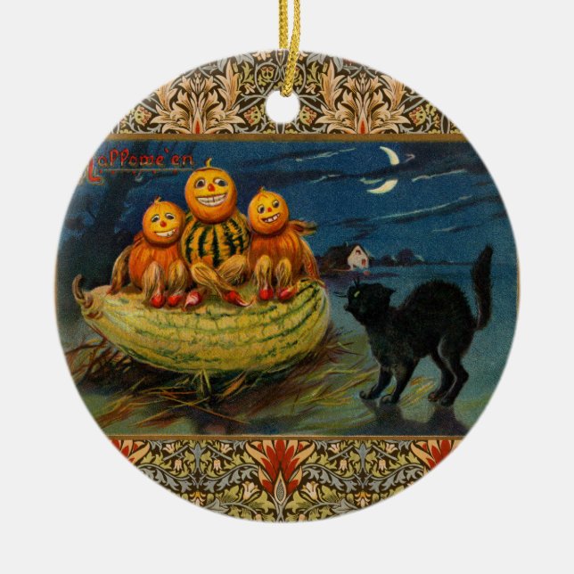 Vintage Halloween Pumpkins Black Cat Ceramic Ornament (Front)