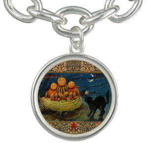 Vintage Halloween Pumpkins Black Cat Charm Bracelet