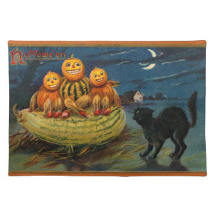 Vintage Halloween Pumpkins Black Cat Cloth Placemat