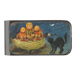 Vintage Halloween Pumpkins Black Cat Gunmetal Finish Money Clip