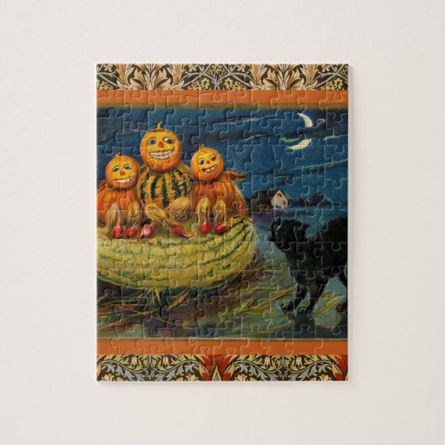 Vintage Halloween Pumpkins Black Cat Jigsaw Puzzle (Vertical)