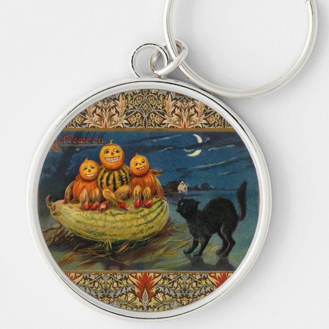 Vintage Halloween Pumpkins Black Cat Keychain (Front)