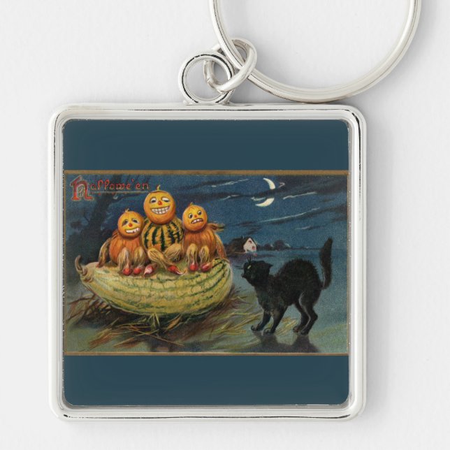 Vintage Halloween Pumpkins Black Cat Keychain (Front)