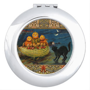 Vintage Halloween Pumpkins Black Cat Makeup Mirror