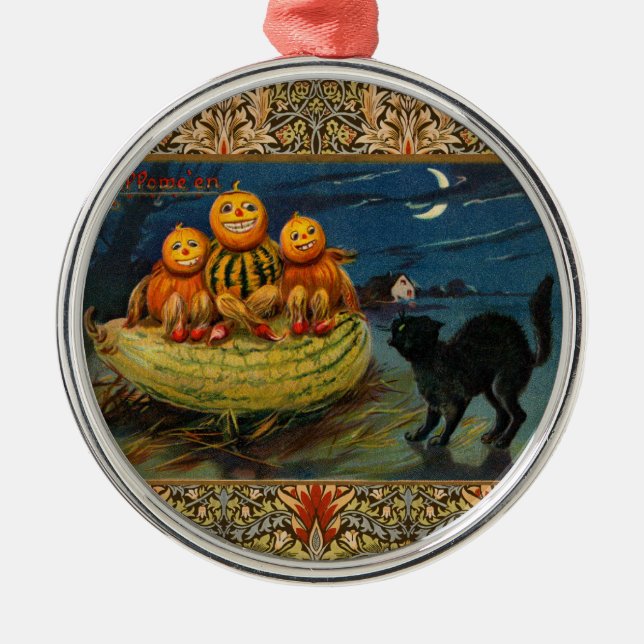 Vintage Halloween Pumpkins Black Cat Metal Ornament (Front)