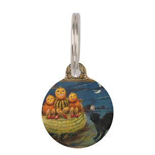 Vintage Halloween Pumpkins Black Cat Pet Name Tag