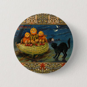 Vintage Halloween Pumpkins Black Cat Pinback Button