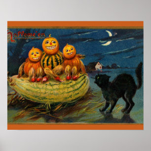 Vintage Halloween Pumpkins Black Cat Poster