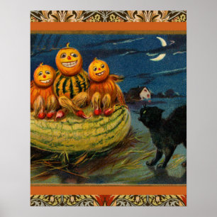 Vintage Halloween Pumpkins Black Cat Poster