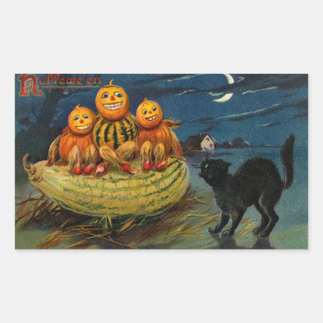 Vintage Halloween Pumpkins Black Cat Rectangular Sticker (Front)