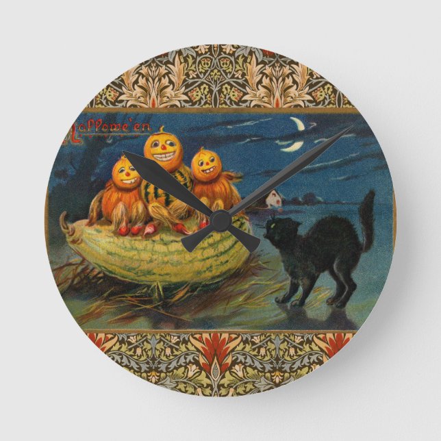 Vintage Halloween Pumpkins Black Cat Round Clock (Front)