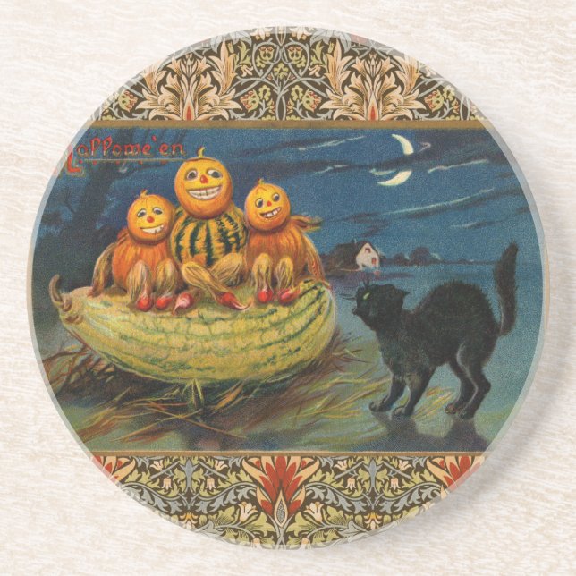 Vintage Halloween Pumpkins Black Cat Sandstone Coaster (Front)