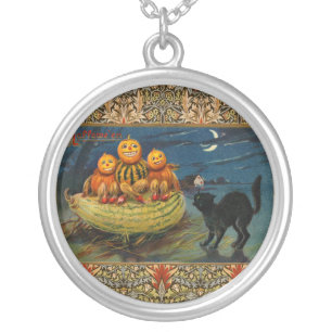 Vintage Halloween Pumpkins Black Cat Silver Plated Necklace