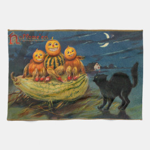 Vintage Halloween Pumpkins Black Cat Towel