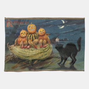 Vintage Halloween Pumpkins Black Cat Towel