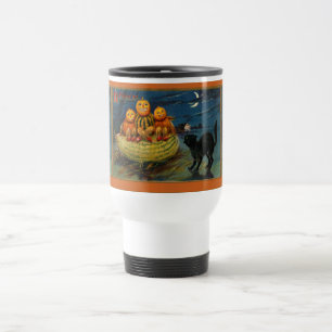 Vintage Halloween Pumpkins Black Cat Travel Mug