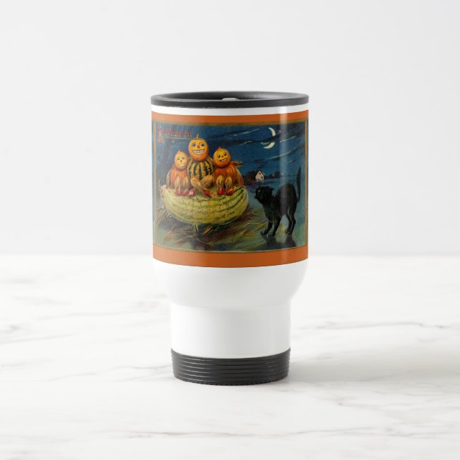 Vintage Halloween Pumpkins Black Cat Travel Mug (Center)