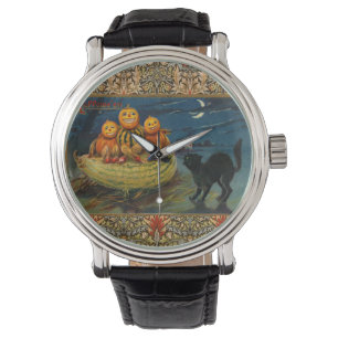 Vintage Halloween Pumpkins Black Cat Watch