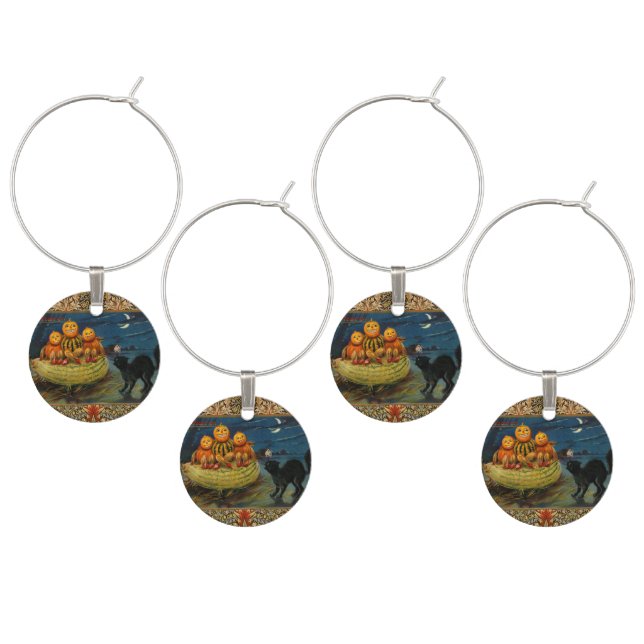 Vintage Halloween Pumpkins Black Cat Wine Charm (Staggered)