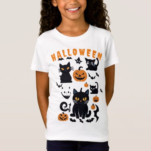 Vintage Halloween Pumpkins Flying Bats Black Cat T_Shirt