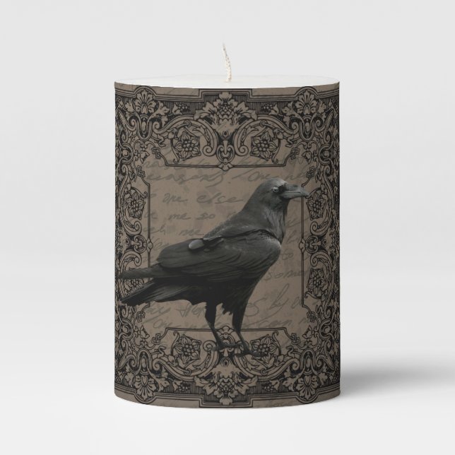 Vintage Halloween raven Pillar Candle (Front)