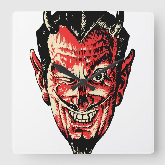 Vintage Halloween Red Devil Head Square Wall Clock (Front)