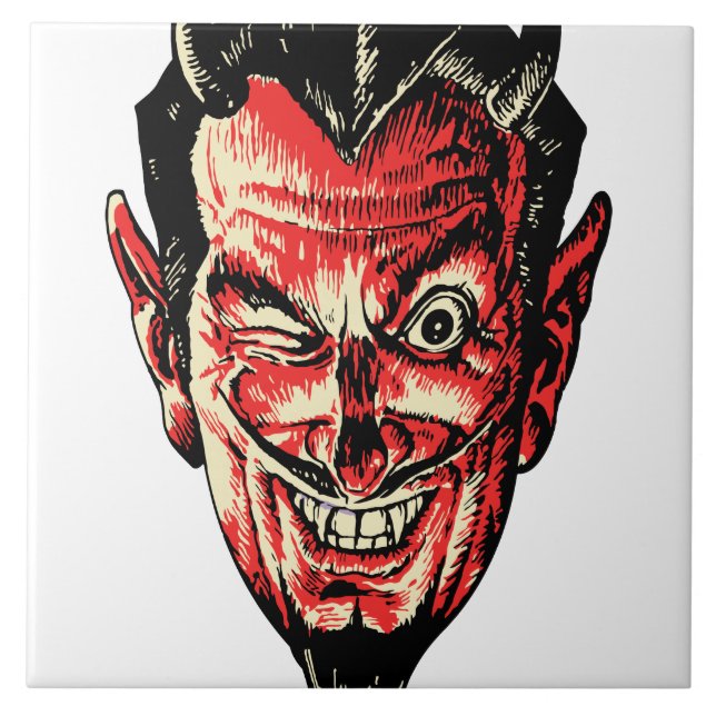 Vintage Halloween Red Devil Head Tile (Front)